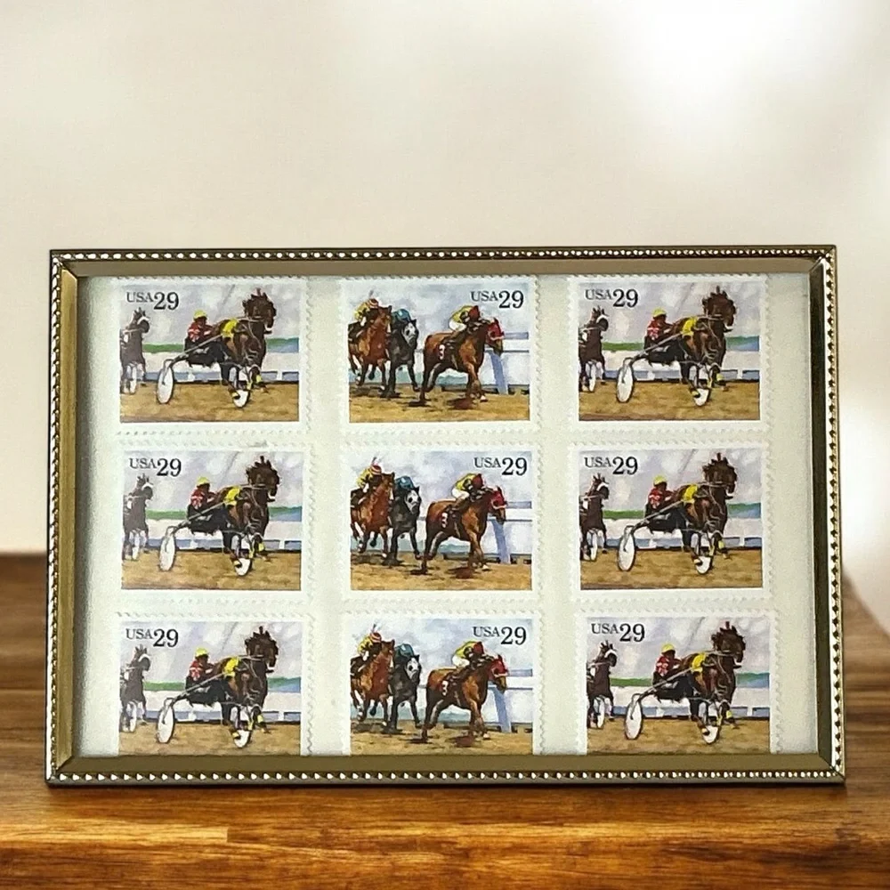 1993 Sporting Horses Harness Racing 29c Stamp Sheet of 9 in Gold Frame Stamp Art